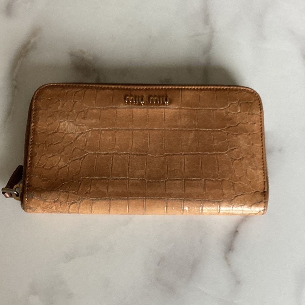 Miu Miu Croc-Embossed Zip-Around Wallet in Light Brown